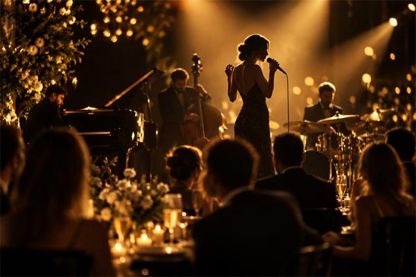 Una celebración con música en vivo y luces doradas. Descubre Secret Artists para tu evento.